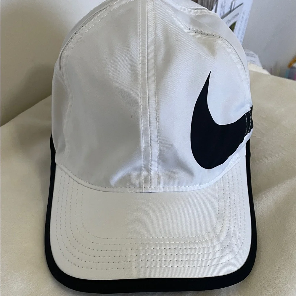Nike Featherlight Aerobill Dri-Fit White with Black Swoosh Athletic Cap